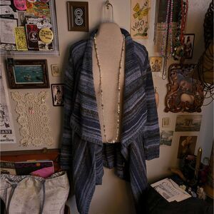 Striped Chunky Knit Sweater Cardigan Women's Small Blue